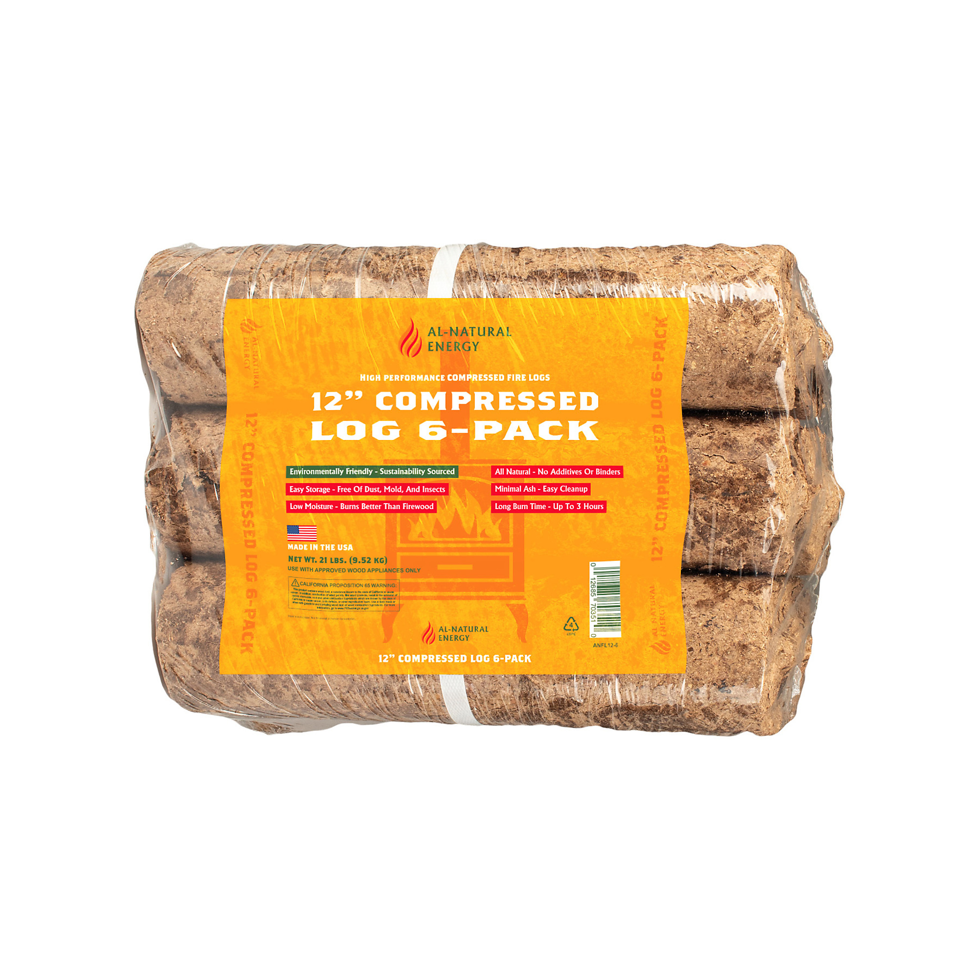 Al-Natural Compressed Fire Logs — 6-Pack, Extended Burn Time, Cooking-Safe, Model# ANFL12-6